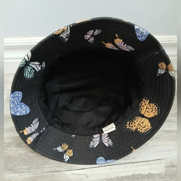Black Butterfly Print Women's Bucket Hat Cotton One Size - Picture 6 of 10